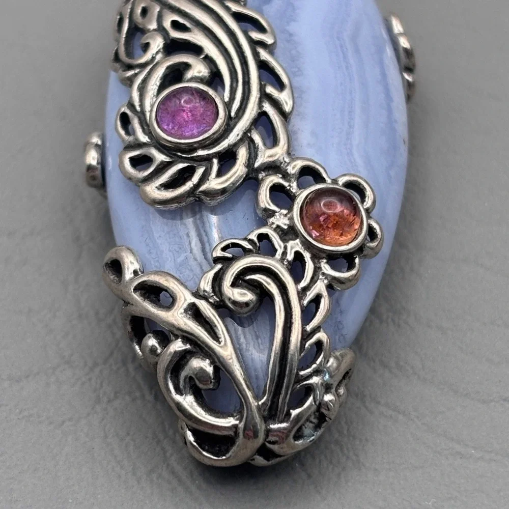 Vintage Carolyn Pollack Relios Sterling Blue Lace Agate Pendant 2.5